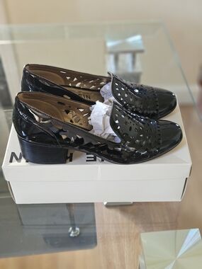 Anne Klein Black Patent Leather Cutout Loafers